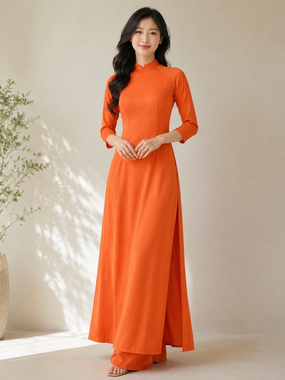 Vietnamese Ao Dai Set, Tunic and Pants, Vivid Orange Color, Size XS-S